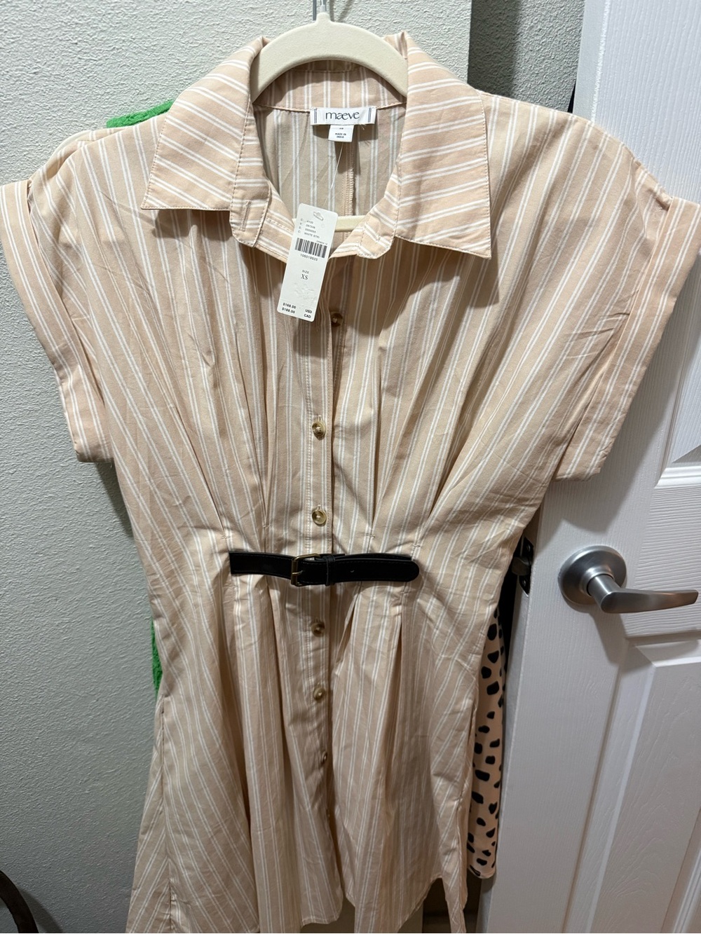 Maeve Beige and White Striped Midi Shirt Dress with Black Belt